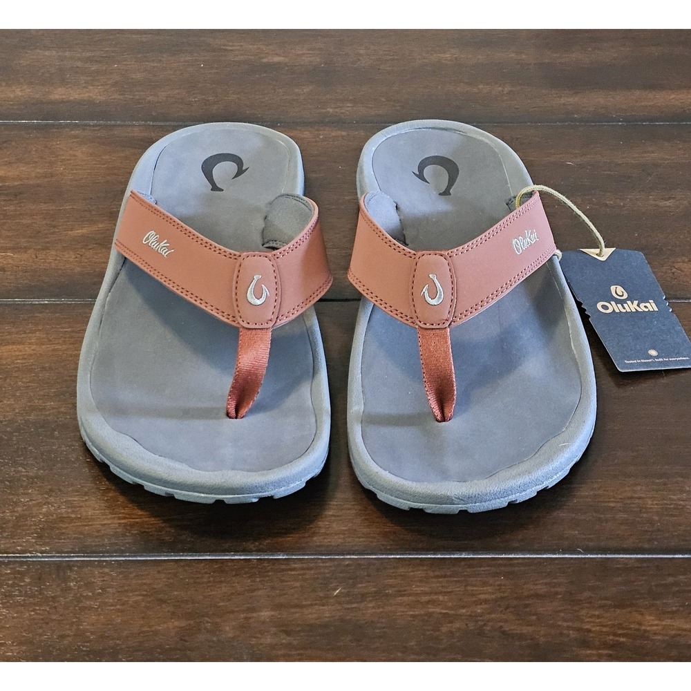 NWT OluKai Ohana Leather Sandals Men's Size 13 Canoe/Rock Beach Flip Flop - Picture 7 of 11